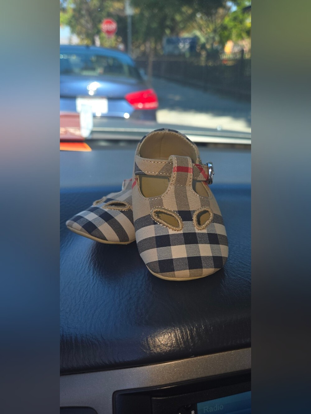 Vintagr Burberry Beige and Black Check Baby T-Strap Shoes